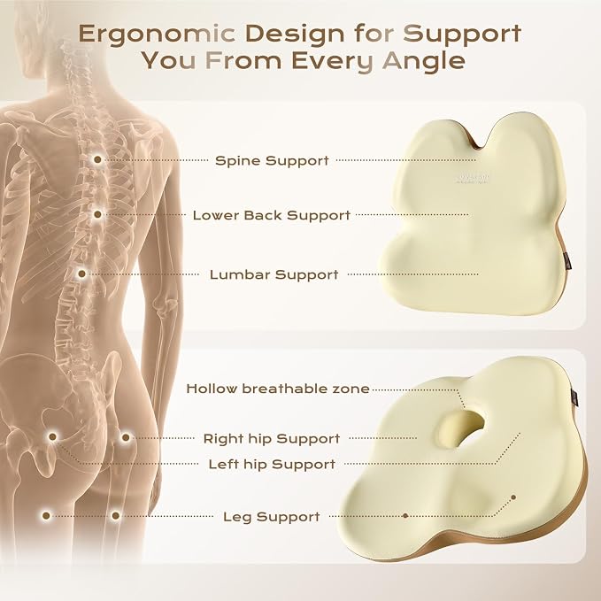 Coverado Lumbar Support Pillow and Seat Cushions for Office Chairs, Memory Foam Orthopedic Coccyx Cushion for Tailbone Pain Cushion Pillow & Back Pain Pressure Relief Seat Cushion Coffee&Beige