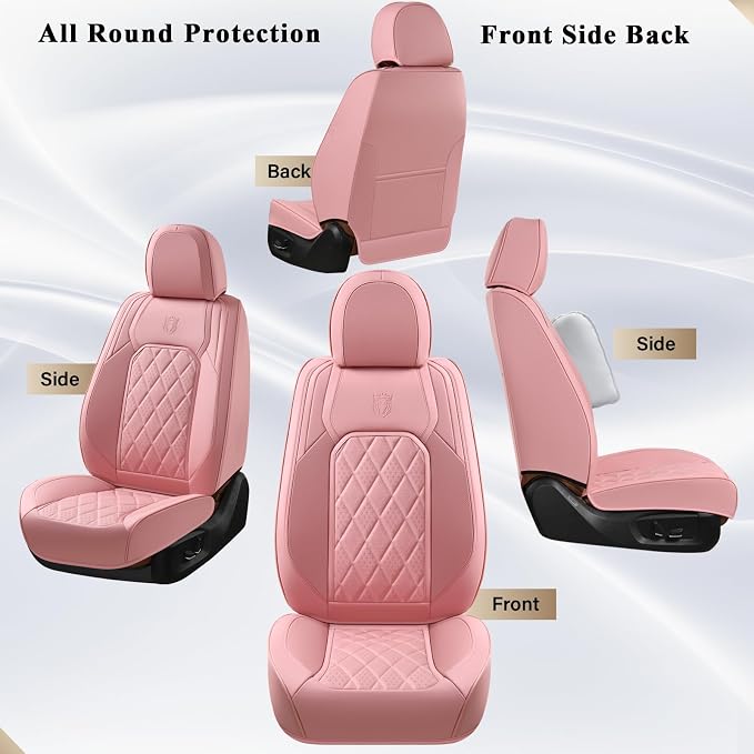 Coverado Car Seat Covers Full Set, Pink Leather Seat Covers for Cars, Universal Waterproof Car Seat Cover, Luxury Front and Back Car Seat Protector, Automotive Seat Covers Fit for Most Cars, Pink