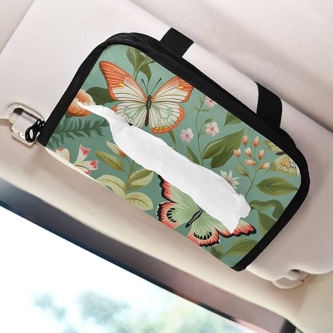 Car Visor Tissue Holder Mask Holder for Car, Car Tissue Box Sun Visor Napkin Holder Car Visor Accessories Adjustable Straps Reusable Durable Easy to Install Sage Green Butterfly Flowers