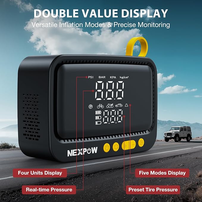 NEXPOW Tire Inflator Portable Air Compressor, 150 PSI, Yellow | Air Pump for Car Tires, Digital Pressure Gauge & Auto Shut-Off, For Car, Motorcycle, Bicycle, Balls