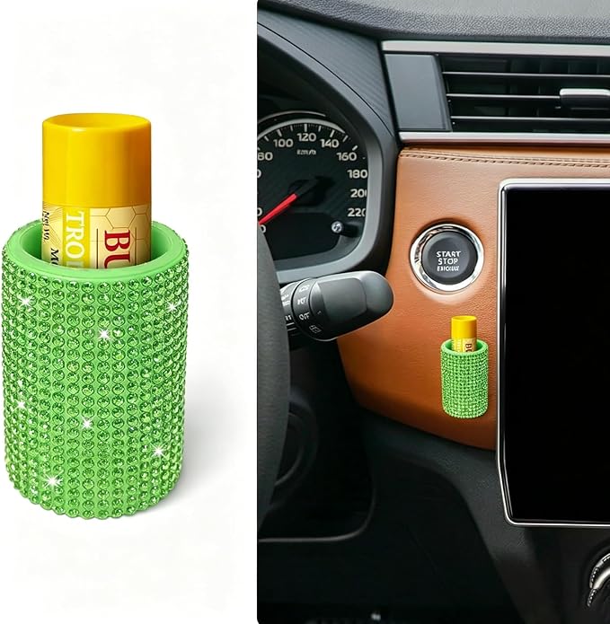 Upright Car Chapstick Holder, Bling Insulating Lip Balm Holder,Rhinestone Car Accessories for Women Interior ,Suitable for Most Vehicles. (Green)