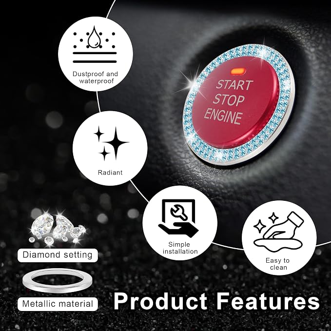 LivTee Car Engine Start Stop Decoration Ring, Crystal Double Rhinestone, Bling Car Interior Accessories for Women, Key Ignition & Knob Bling Ring, Push to Start Button Cover/Sticker, Cyan
