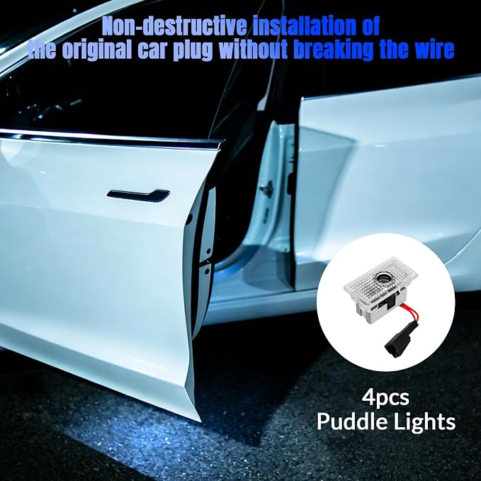 4 Pack Logo Puddle Lights Compatible - Model 3 Y S X HD Door Logo Projector Lights with Extension Cable for Secure Fit Ultra Bright Never Fade Welcome Lamp Car Accessories Only Letters