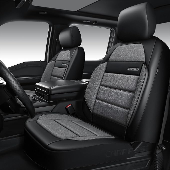 CAR PASS Memory Foam Seat Covers Front, Airy Cool Mesh Thick Car Seat Covers, Leather Car Seat Covers Front Seats Airbag Compatible, Universal Automotive Comfort for Cars, Trucks, SUV, Gray and Black