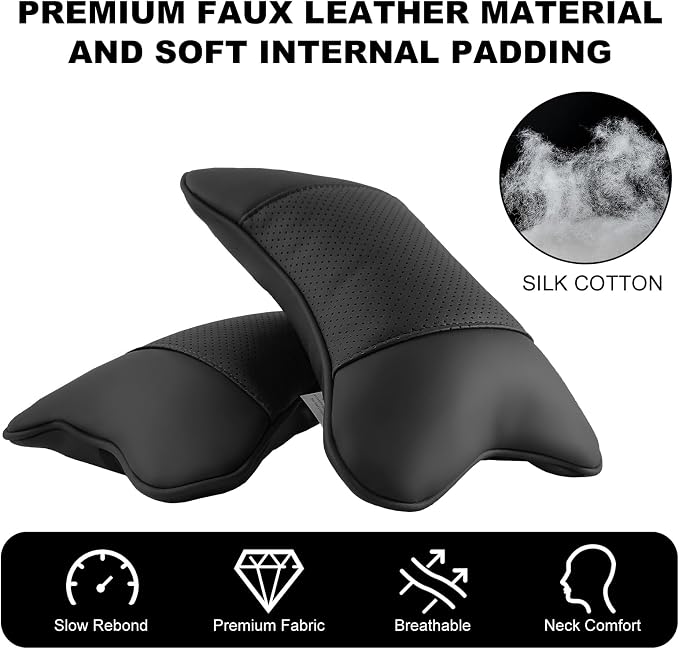 2 Pack Car Neck Pillow PU Leather Automotive Headrest Pillow for Car Support Neck Pain Relief Universal Car Pillow (Black)