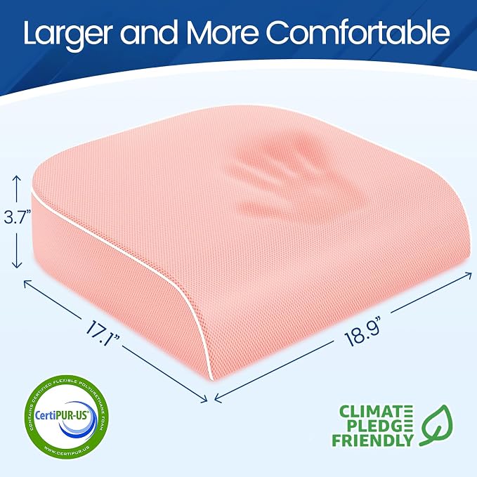 SweetSlubr Seat Cushion for Tailbone Pain Relief, Office Chair Cushion, Memory Foam Large Chair Pad with Non-Slip Cover for Soft Support at Office Chair, Car Seat, Airplane Pink/2X-Large