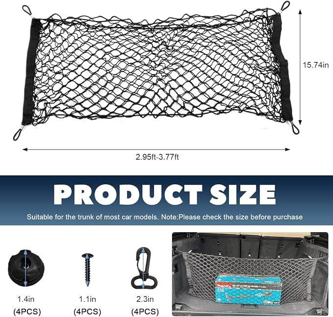 Stretchable Cargo Net, Adjustable Elastic Storage Mesh Nets, Envelope Style Cargo Netting with Mounting Screws and Hooks, Trunk Rear Cargo Organizer Net for Car Truck SUV (35.4×15.7 Inch)