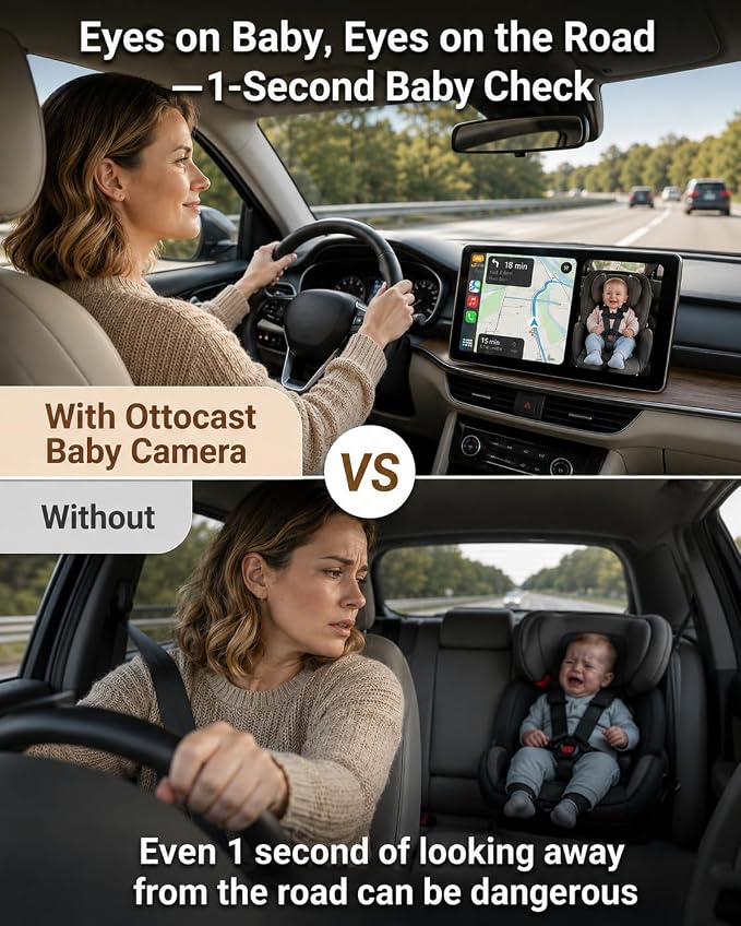 OTTOCAST Baby Car Camera 2026,Wireless CarPlay Adapter (No Android Support) | Display the Baby View on the Original Car Screen,Split Screen for Navigation & Baby Monitor,Wired CarPlay to Wireless