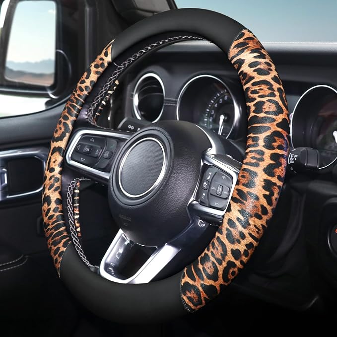 Cheetah Leather Steering Wheel Cover, Steering Wheel Protector, Anti-Slip, Breathable, Absorbing Sweat, Universal Leopard Car Accessories 14.5–15 inch,Black&Brown