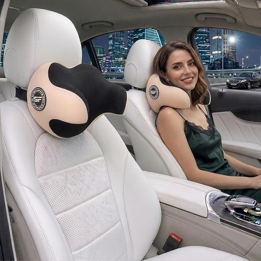 Unique U-Shaped Car Headrest Pillow, Headrest Pillow for Long Rrips, Beige | Adjustable Strap, Memory Foam & Removable Cover, Ergonomic Design Neck Support - Extreme Comfort Car Pillow for Pain Relief