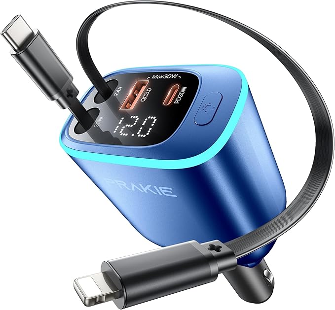 Car Charger, iPhone Fast USB C Phone Car Charger, Cigarette Lighter Adapter | with 2 Cables 25 Inch and 2 USB Ports, Retractable 4 in 1Multi Port USB Car Charging for iPhone 17/16/15/14/13/Pro Max-Blue
