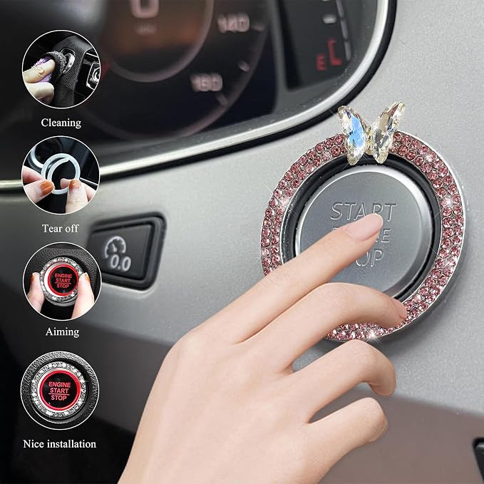 DXNQ Bling Ring Emblem, Sparkling Butterfly Car Buttons and Knobs Ring, Girly Butterfly Diamond Car Engine Start Button Cover, Key Ignition Knob Rings Decoration for Women (Pink, Double Row)