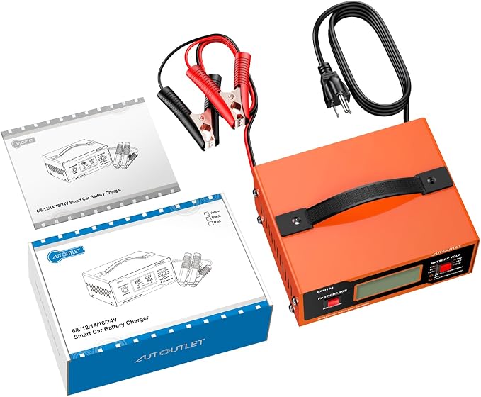 AUTOUTLET 8V Car Battery Charger, 0-14A Fully Automatic 6/8/12/14/16/2 Lead-Acid Battery Charger & Maintainer with 7-Stage Charging, Overcharge Protection, Reverse Polarity LED Indicator, 80cm Cable