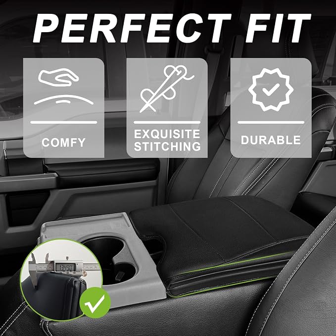 Muslogy Center Console Armrest Cover Fit for Ford F-150 F150 2015-2026 & F250 F350 F450 2017-2026 Accessories, Comfort Armrest Pad Console Lid Cushion Vegan Leather 1-Inch Extra Thick(Jump Seat ONLY)