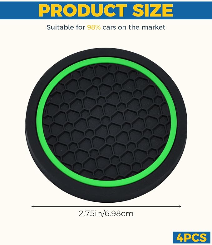 4PCS Car Coasters,Car Accessories Car Cup Coasters,Car Accessories Interior,2.75 Inch Car Coasters for Cup Holders,Universal Non-Slip Car Cup Holder Coaster for Most Vehicle Truck (Black&Green)