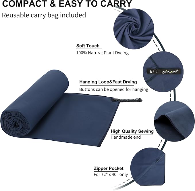 Rainleaf Microfiber Towel Quick Dry Camping & Travel & Gym Towel. Compact | Super Absorbent, Lightweight, Fast Drying. Suitable for Beach, Bath, Backpacking, Hiking, Swim.