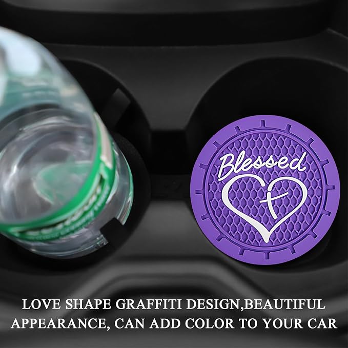 KVAEY 2 PCS Car Cup Holder Coasters, 2.76 Inch Anti Slip Vehicle Drink Mats with Cute Blessed Cross and Heart, Shockproof, Universal Car Accessories (Purple, 2 PCS)