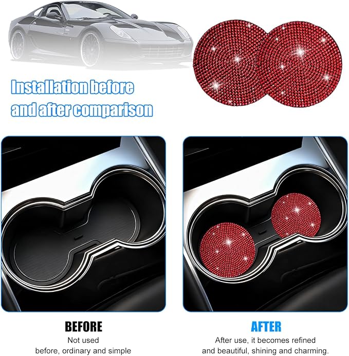 8PCS Bling Car Accessories Set, Sparkly Rhinestone Vehicle Steering Wheel Seat Belt Gear Shift Start Stop Button Cover, Diamond Auto Cup Holder Coaster Decoration, Universal Fit (Red)