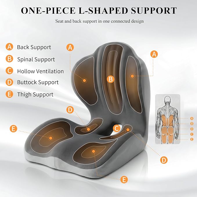 Ergonomic Seat Cushion with Back Support, L-Shaped Memory Foam Seat Cushion with Coccyx Cutout and Non-Slip Base for Office Chair, Car, Truck and Gaming Chair, Black/Gray