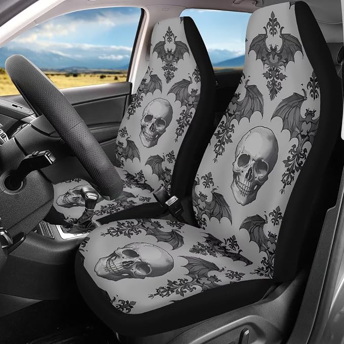 Halloween Skull Car Seat Covers for Front Seats, Non-Slip Breathable Seat Protectors, Set of 2, Universal Fit for Most Cars, SUVs and Sedans
