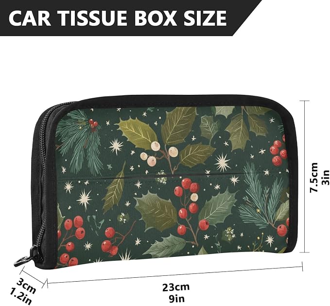 Green Christmas Holly Berries Pine Needles Leaves Car Tissue Holder Durable Napkin Holder Hanging Tissue Holders Case Car Tissues Bag for Sun Visor Seat Back Universal Auto