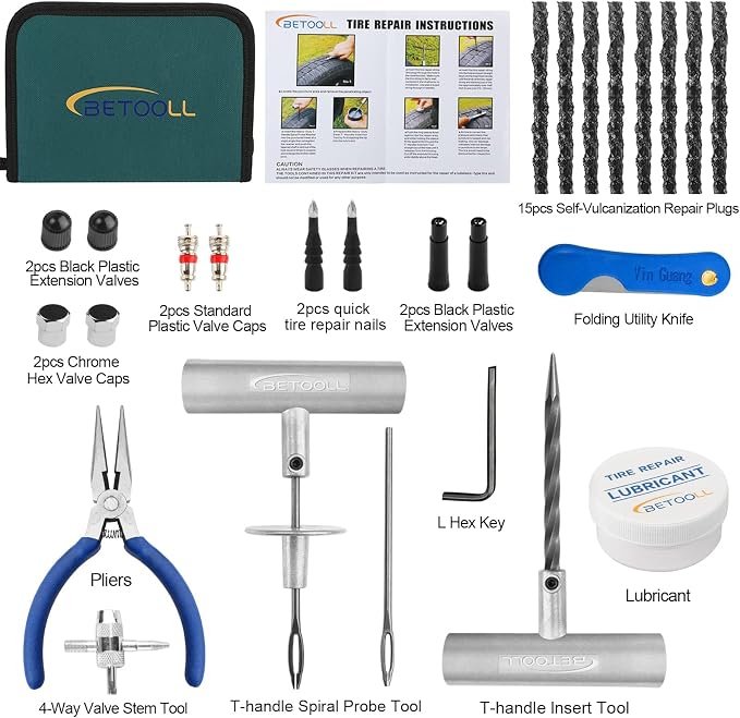 BETOOLL Tire Repair Kit, 35 Pcs Professional Heavy Duty Universal Emergency Flat Tire Repair Kit to Fix Punctures, for car Motorcycle, Truck, Golf Cart, ATV, Tractor, ARB, RV, SUV, Trailer etc.