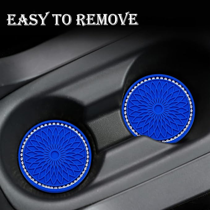 2PCS Bling Car Cup Holder Coasters, 2.75 Inch Silicone Anti-Slip Insert, Bling Shockproof Cup Mat for Women Girls, Universal Fit for Most Vehicles (Deep Blue & White)