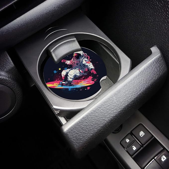 Car Coasters for Cup Holders 2.6" Dia Absorbent Coasters Set of 6 Car Interior Accessories for Women Men Ceramic Car Coaster for Drinks with Finger Grooves,Watercolor Astronaut Skateboard Theme Black