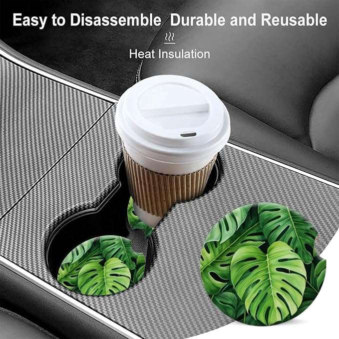 Cup Holder for Car,Tropical Leaf Pattern Ceramic Coasters Non-Slip Cup Holder Insert with Fingertip Grip, Auto Interior Accessories for Women & Men,Pack of 2, 2.56In