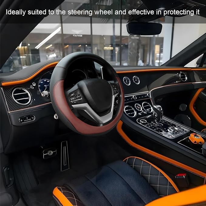 Leather Steering Wheel Cover, Anti-Slip Full Surround Car Wheel Protector with Comfortable Grip, Universal Elastic Decorative Cover Fit for 14 1/2-15 Inch Steering Wheels (Coffee)