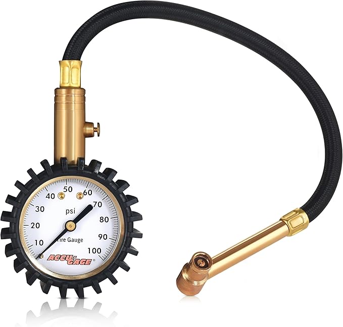 Accu-Gage RRA100X Tire Pressure Gauge with Hose and Protective Rubber Guard, Right Angle Chuck, 100 PSI