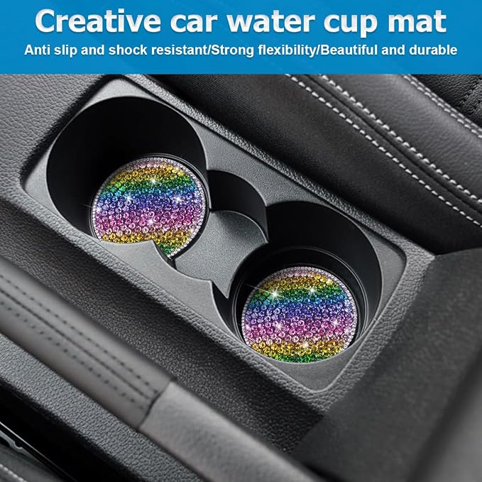 Bling Car Cup Holder Coaster, 2PCS 2.75 Inch Crystal Rhinestone Anti Slip Vehicle Drink Cup Mat for Women Girls, Auto Interior Embedded in Ornaments. Universal for SUV RV Truck (Strip)