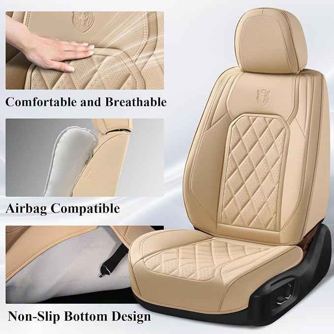 Coverado Car Seat Covers Full Set, 5 Seat Universal Seat Cover for Cars, Luxury Faux Leather Waterproof Seat Covers, Front and Back Car Seat Protector, Auto Seat Covers Fit for Most Vehicles, Beige