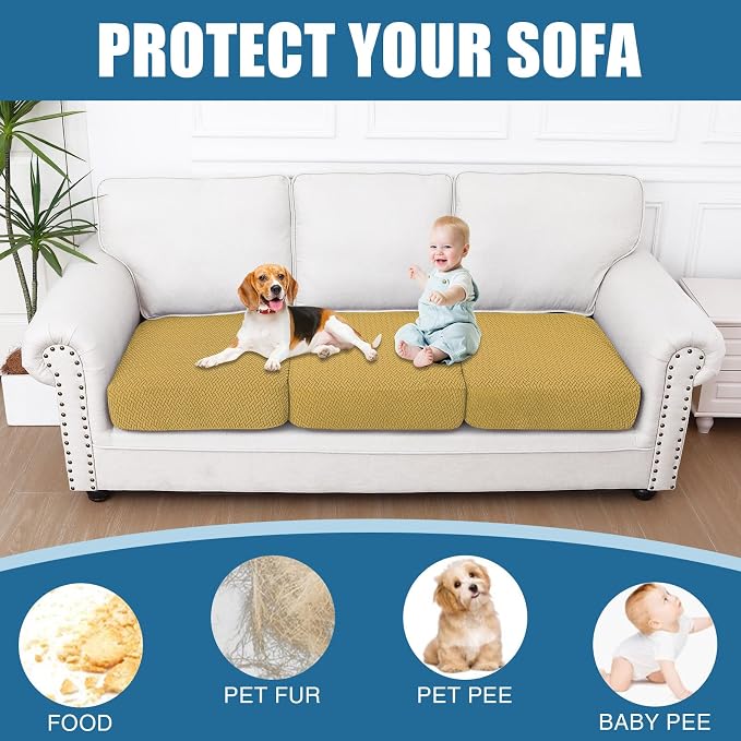 Smiry Waterproof Couch Cushion Covers, Stretch Jacquard Thick Sofa Cushion Covers, Washable Seat Slipcover Elastic Furniture Protector for Pets, Kid (3PC, Ginder Yellow)