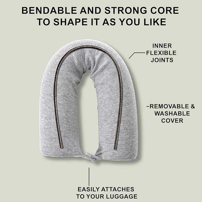 Dot&Dot Twist Memory Foam Travel Pillow, Bendable Neck Pillow for Airplane, Car and Home, 26-Inch Adjustable Roll with Washable Cotton Cover, Gray