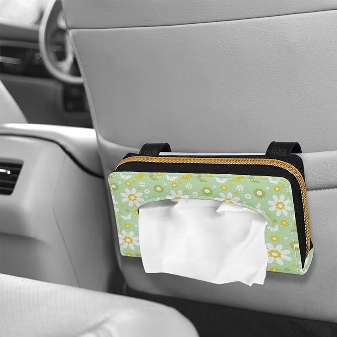 Daisy Print Napkin Holder PU Leather Car Tissue Holder Universal Car Interior Accessories for Trucks SUV Sedans Green