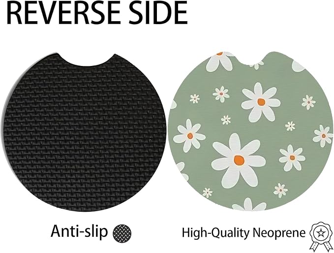 2pcs Cute White Flowers Car Coasters,Absorbent Universal neoprener Cup Holder Coasters with a Finger Notch,Car Accessories for Women&Man Interior，2.75" 8