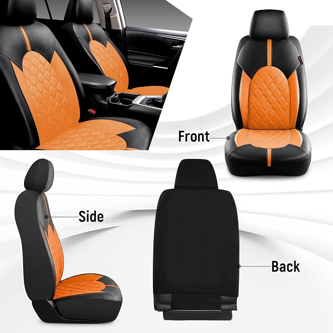 CAROMOP Luxury PU Leather Car Seat Covers Full Set-Waterproof Seat Protectors with Split Bench Seat Covers for Cars-Universal Cars Interior Covers for Sedans, SUVs, Pick-up Trucks(Orange Brown)