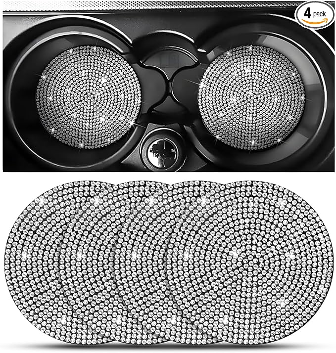 Osilly Bling Car Cup Holder Coaster, Crystal Rhinestone Anti-Slip Insert Coasters, Universal 2.75 Inch Fashion Automotive Cup Mat, Car Interior Accessories Decor Gifts for Women (White, 4PCS)