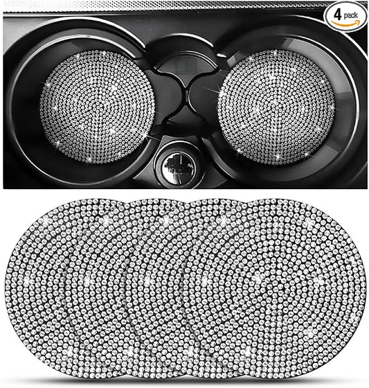 Osilly Bling Car Cup Holder Coaster, Crystal Rhinestone Anti-Slip Insert Coasters, Universal 2.75 Inch Fashion Automotive Cup Mat, Car Interior Accessories Decor Gifts for Women (White, 4PCS)
