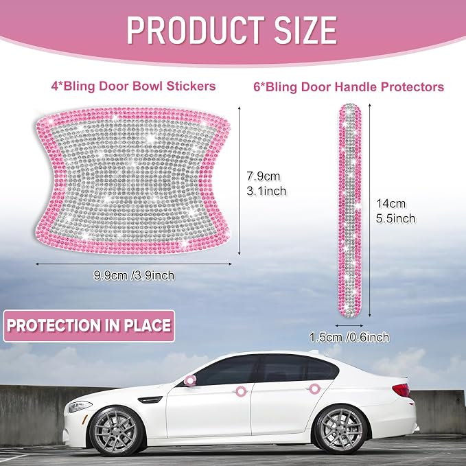 10 PCS Bling Car Door Handle Protector, Shiny Crystal Rhinestone Anti-Scratch Universal Cars Door Handle Protective Cover, Glitter Automotive Exterior Accessories for Women (Pink and White)