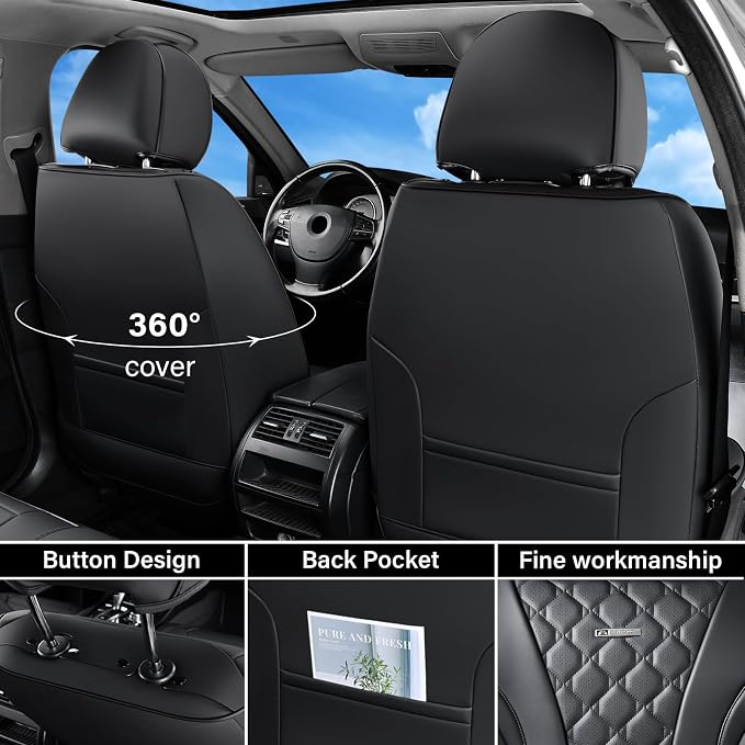 Coverado Leather Seat Covers, Car Seat Covers Full Set, Perforated Diamond Leather Car Seat Cover, Waterproof Car Seat Protector Seat Cushion, Universal 5 Seats Black Seat Cover Fit for Most Cars