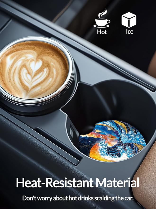 WOCOCN Cute Cup Holder Coasters for Your Car with Fingertip Grip, Auto Accessories for Women & Men,Pack of 2 (Waves)