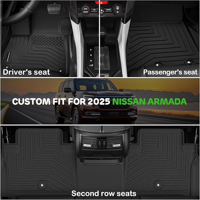 Floor Mats for 2025 Nissan Armada 8 Seats Upgrade Trunk Mat All Weather Floor Liners TPE Rubber Cargo Liner Fit for Nissan Armada 2025 Anti-Slip Full Set Automobile Mats Accessories