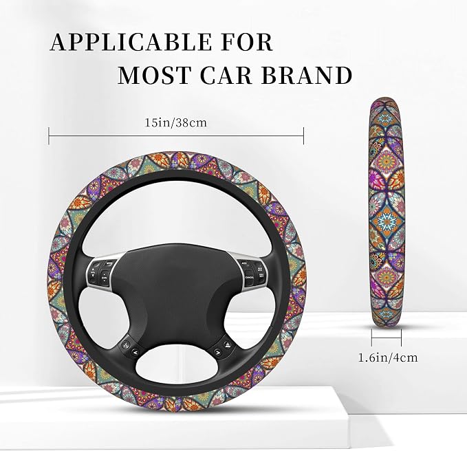 Floral Mandala Steering Wheel Cover for Women Girls, Universal 15 Inch Anti Slip Steering Wheel Protector Car Accessories Interior for Auto Truck SUV