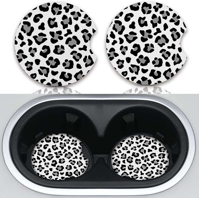 Leopard Print Car Coasters,Cute Car Assecories for Women,Universal Auto Anti Slip Insert Coaster, Rubber Car Coasters with A Finger Notch,Pack of 2 Drink Cup Holder Coasters