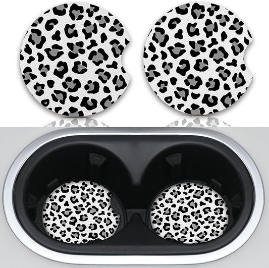 Leopard Print Car Coasters,Cute Car Assecories for Women,Universal Auto Anti Slip Insert Coaster, Rubber Car Coasters with A Finger Notch,Pack of 2 Drink Cup Holder Coasters