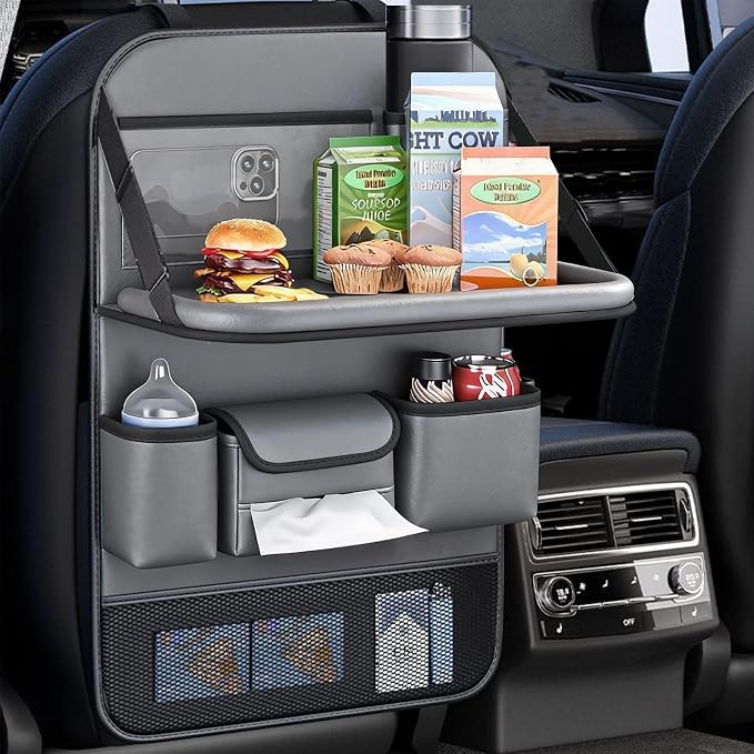 2 Pack Leather Car Seat Back Organizer with Foldable Tray Table, Backseat Car Organizer with Tablet Pocket, Cup Holders, Tissue Pocket, Mesh Pockets, Kick Mat Gray