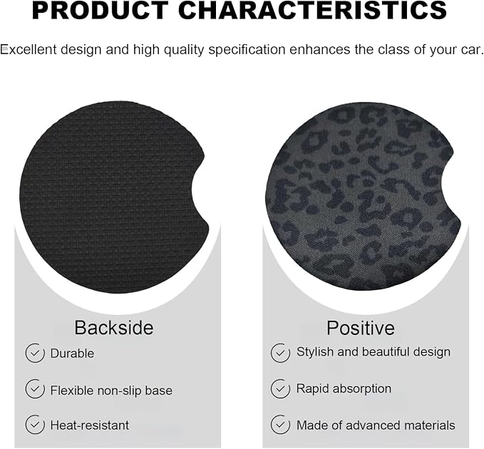 2PCS Car Cup Holder Coasters, Leopard Print Absorbent Rubber Insert Coaster with Finger Notch, Anti-Slip Drink Cup Mat Cute Vehicle Interior Accessories for Women Men (13)