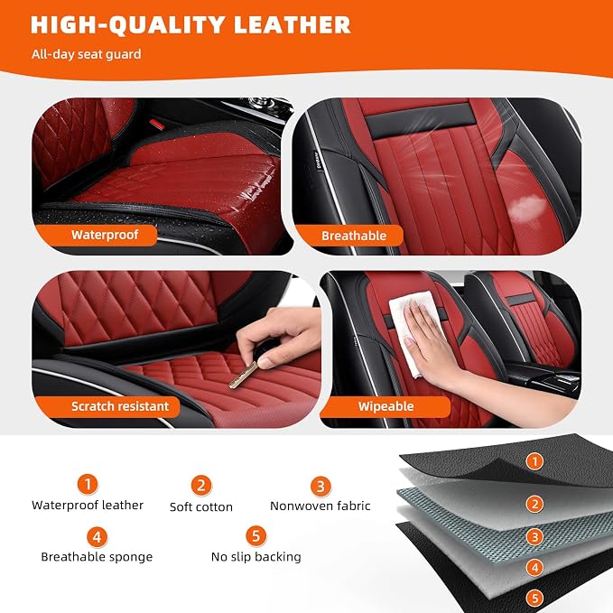 2-Seater Waterproof and Breathable Nappa Leather Car Seat Covers Full Set, Fit for Front Seats of Cars, Compatible with Airbags, Car Seat Protector Covers for Most Cars - Black Red